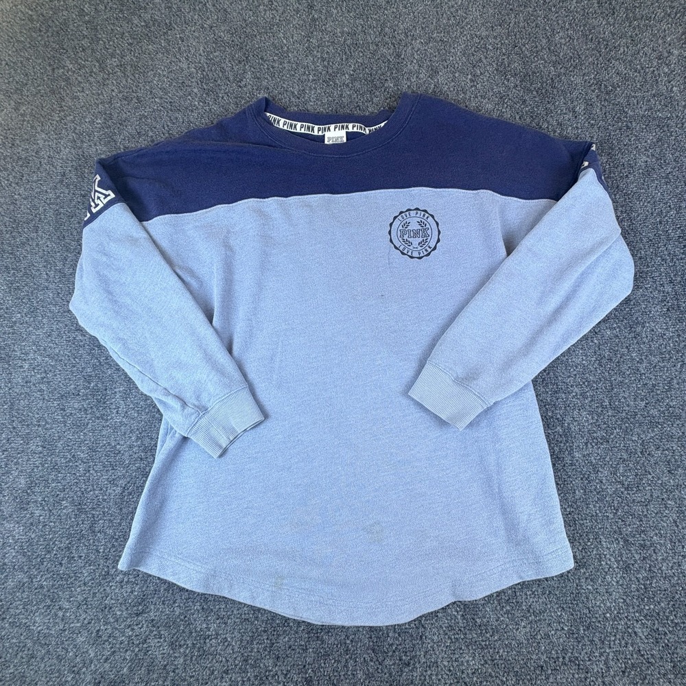 PINK Victoria's Secret Sweater Womens Small Navy Blue Logo Graphic Pullover